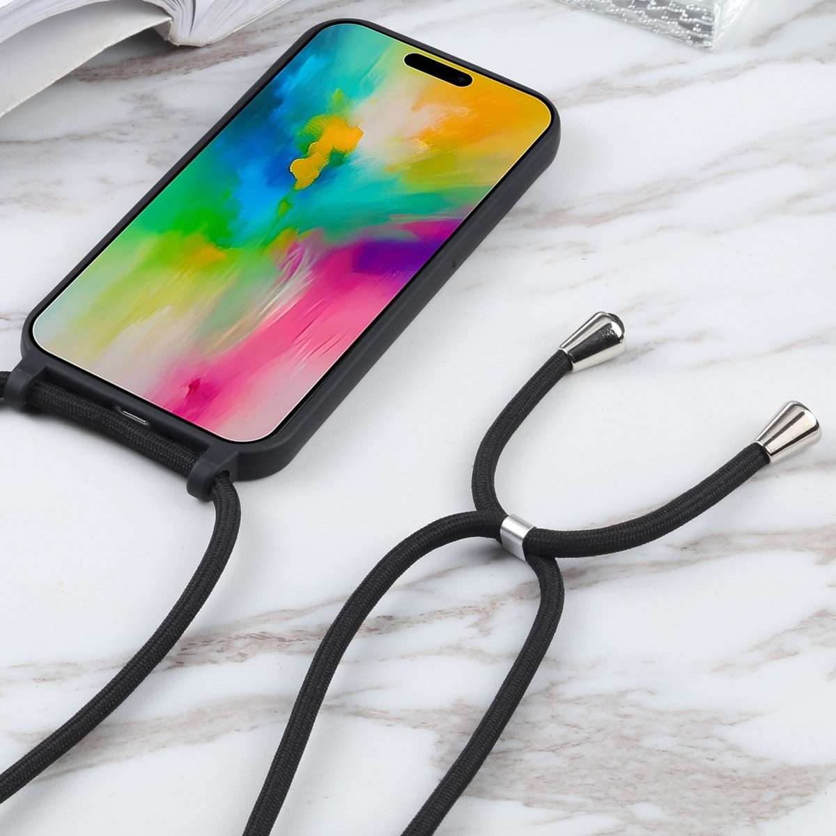 Candy Colors TPU Protective Phone Case with Lanyard For iPhone 16 Pro Max(Black)