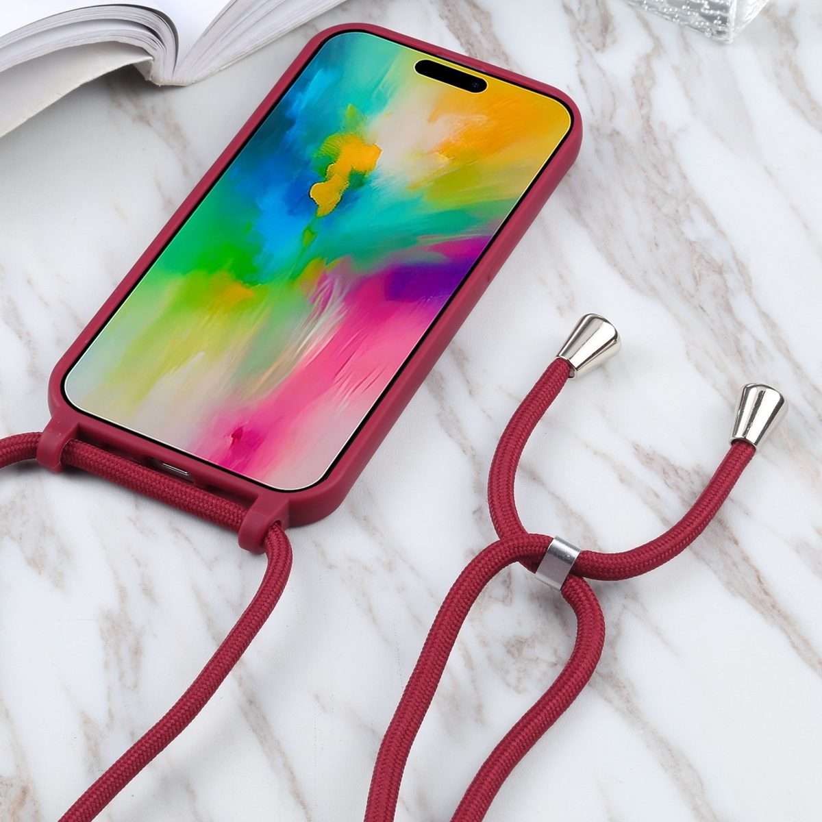 Candy Colors TPU Protective Phone Case with Lanyard For iPhone 16 Pro Max(Red)