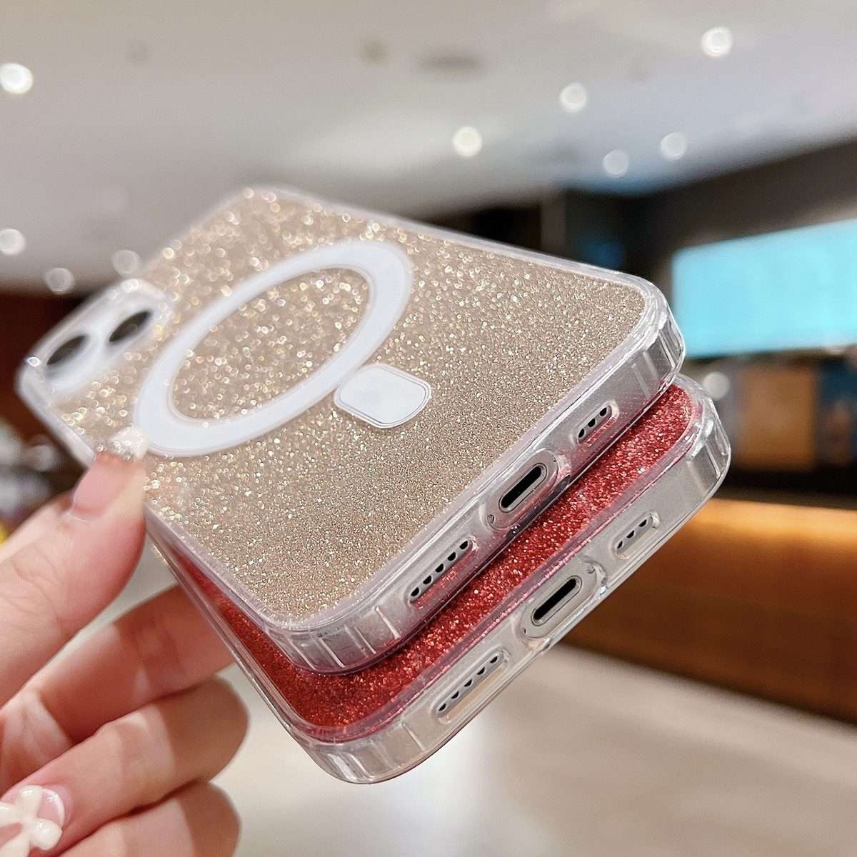For iPhone 15 Pro Max Acrylic Transparent Glitter MagSafe Phone Case(Gold)