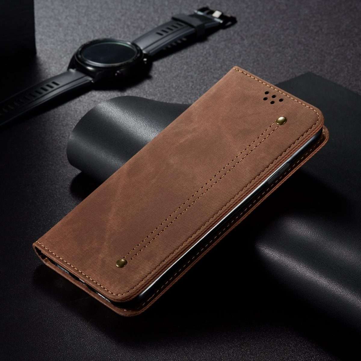For Redmi Note 14 Pro+ 5G Denim Texture Casual Style Horizontal Flip Leather Case(Brown)
