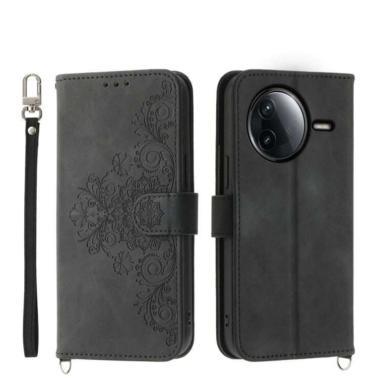For Redmi K80 / K80 Pro Skin Feel Flowers Embossed Wallet Leather Phone Case(Black)