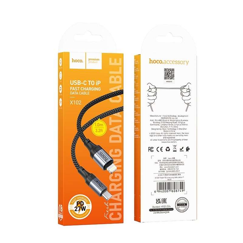 hoco X102 USB-C / Type-C to 8 Pin Fresh PD Charging Data Cable, Length:1m(Black)