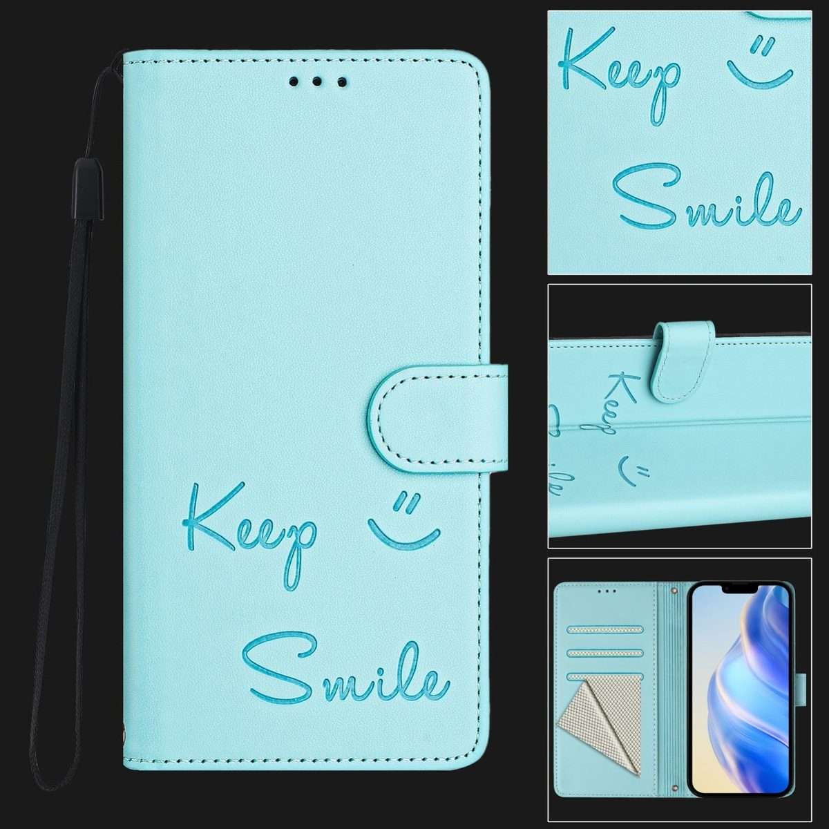 For iPhone 16 Pro Max Smile Embossing RFID Leather Phone Case(Mint Green)