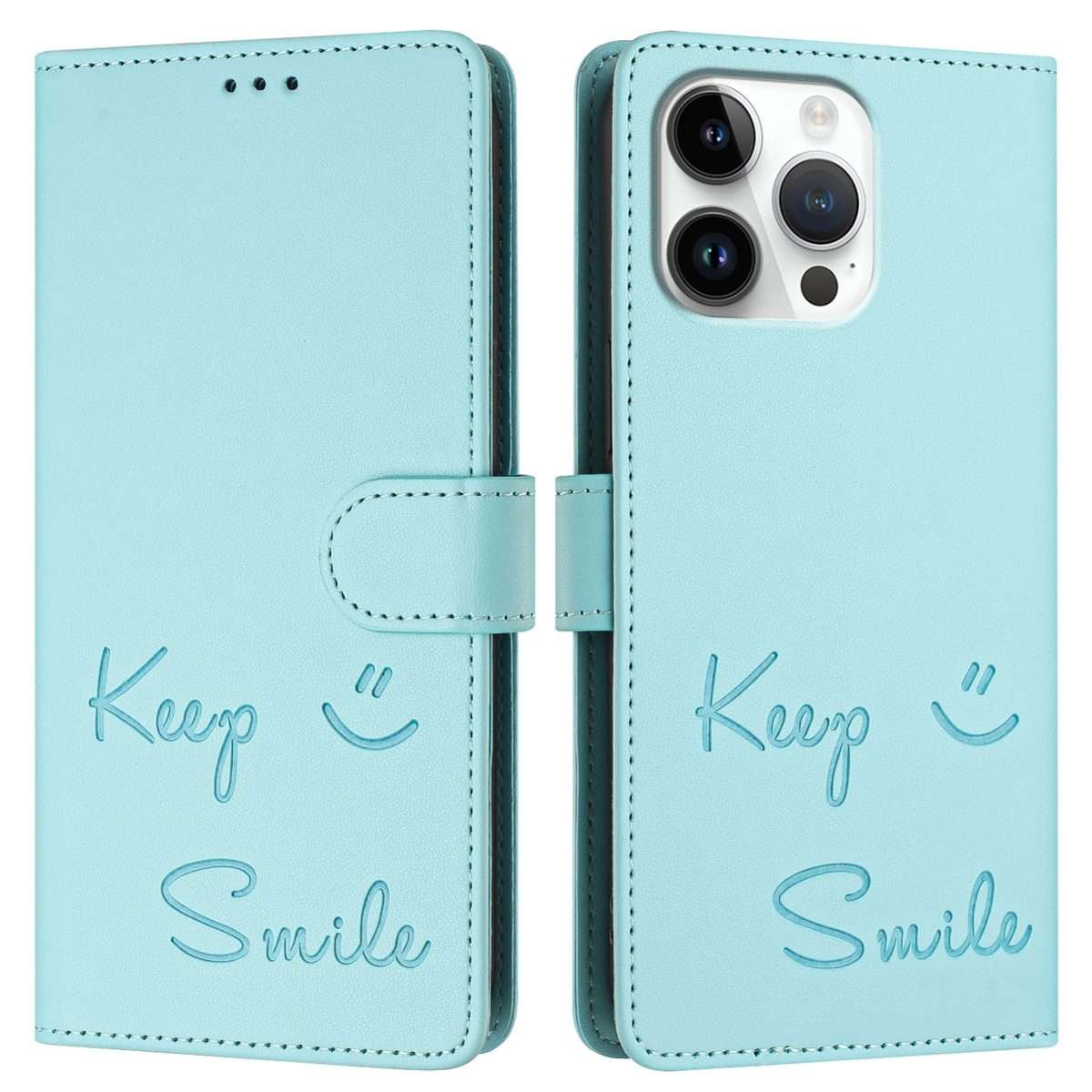 For iPhone 16 Pro Max Smile Embossing RFID Leather Phone Case(Mint Green)