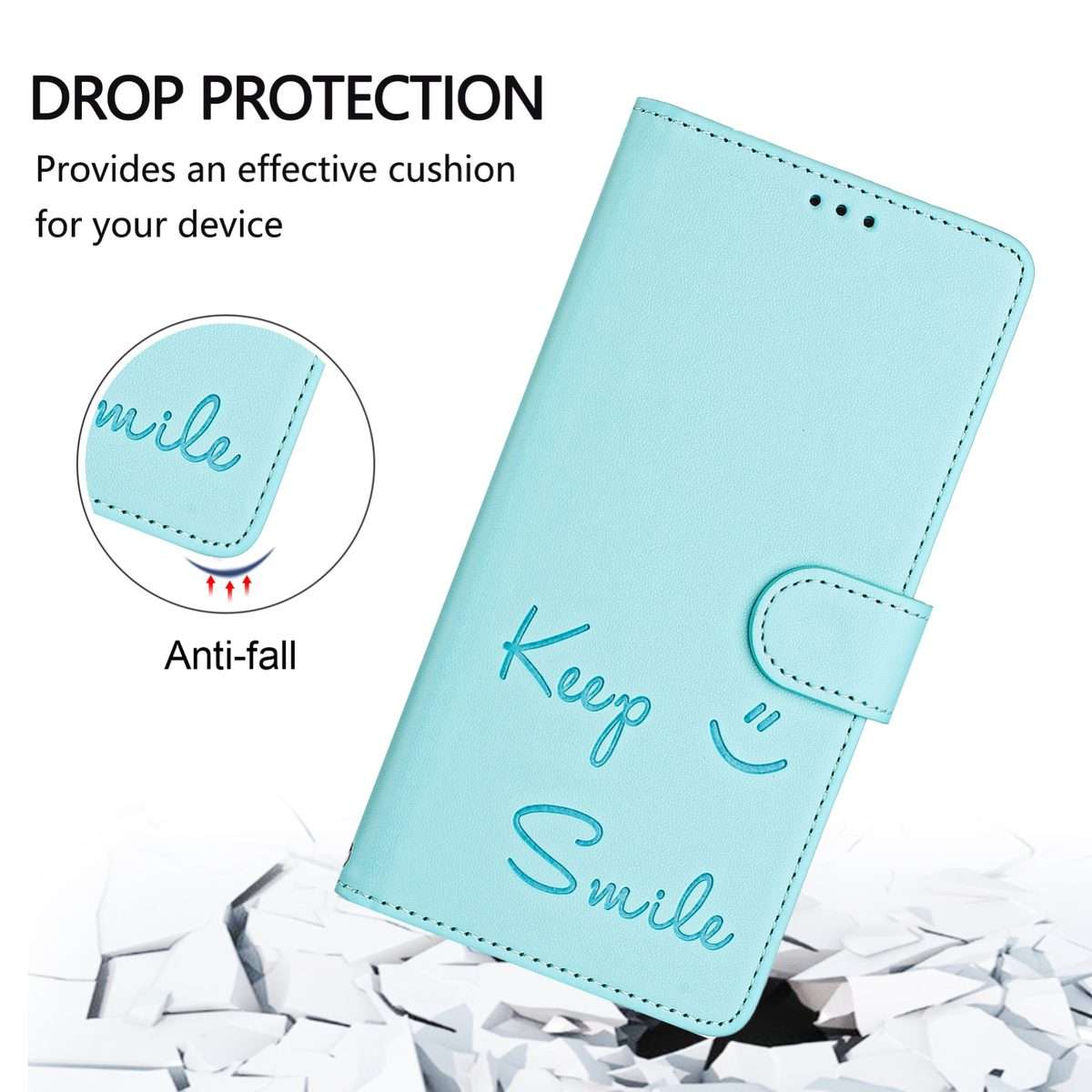 For iPhone 16 Pro Max Smile Embossing RFID Leather Phone Case(Mint Green)