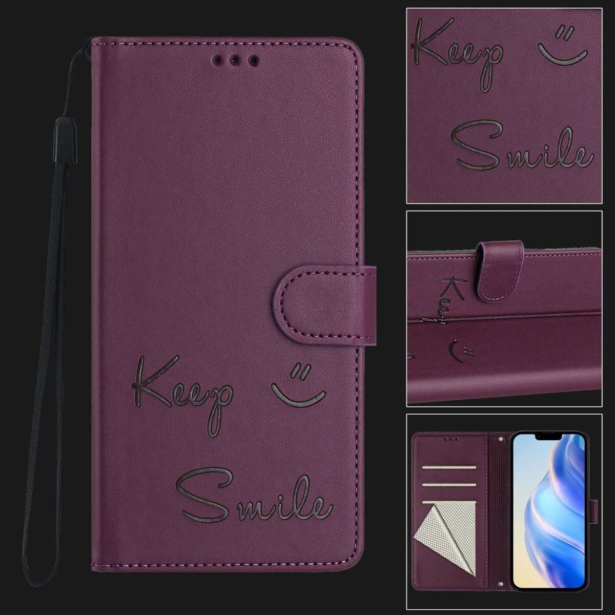 For iPhone 15 Pro Smile Embossing RFID Leather Phone Case(Violet)