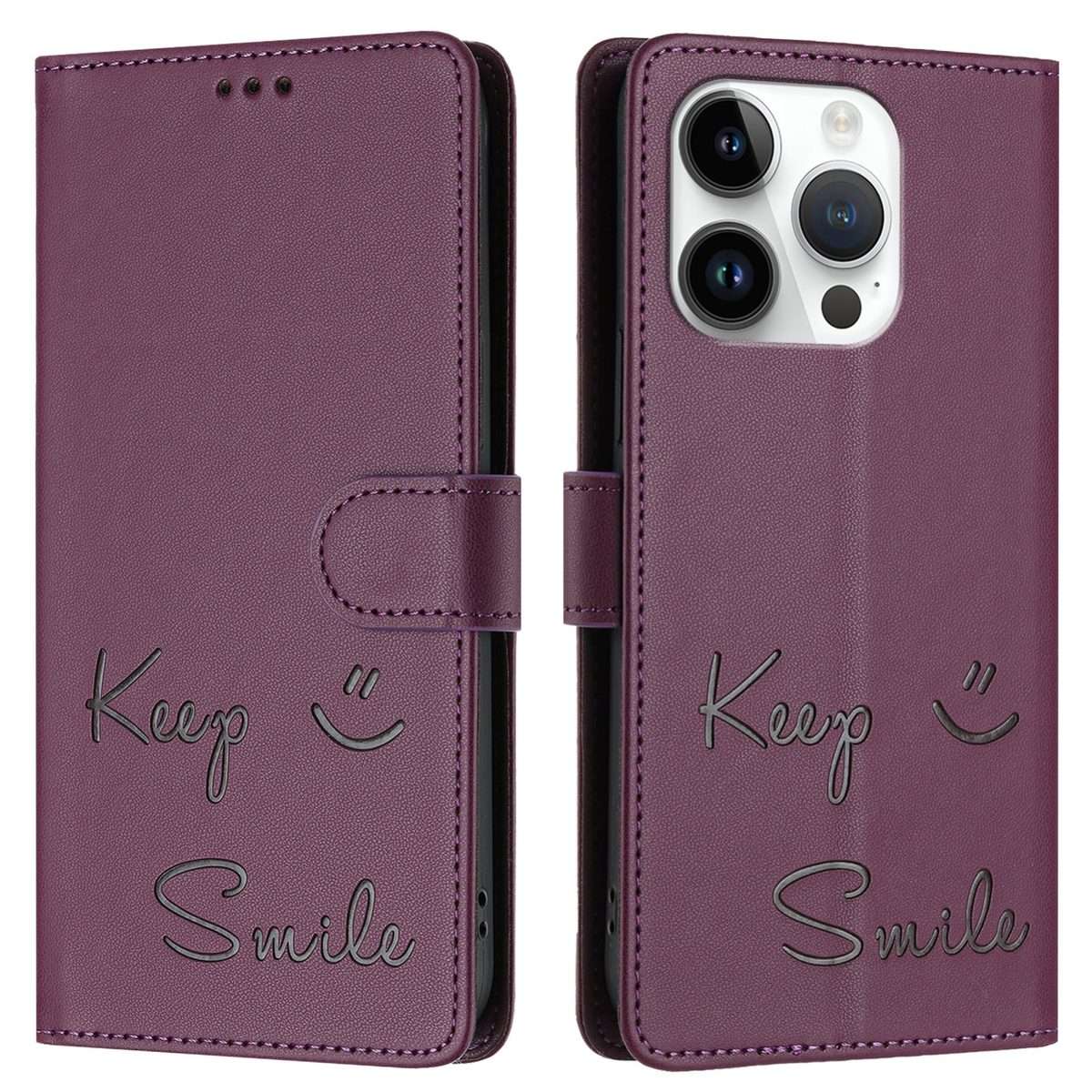 For iPhone 15 Pro Smile Embossing RFID Leather Phone Case(Violet)