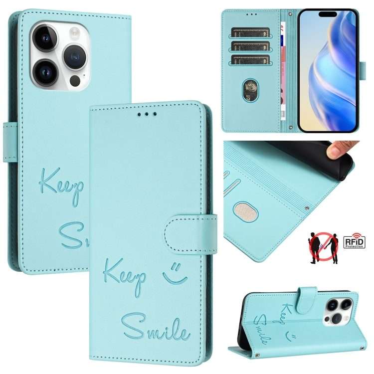 For iPhone 14 Pro Smile Embossing RFID Leather Phone Case(Mint Green)