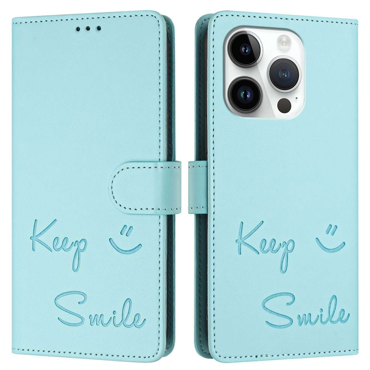 For iPhone 14 Pro Smile Embossing RFID Leather Phone Case(Mint Green)