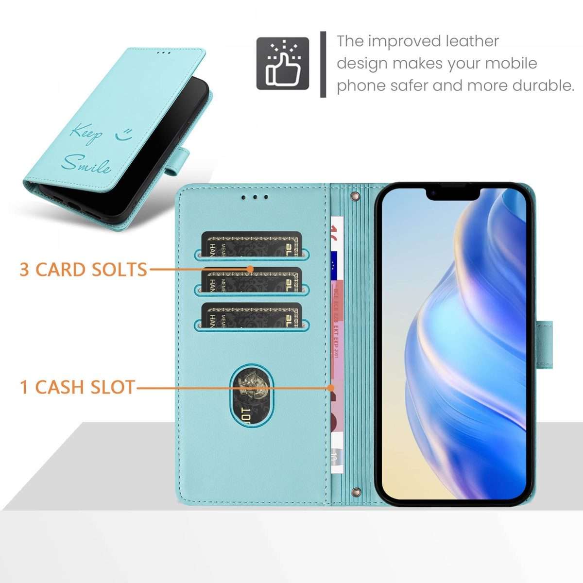 For iPhone 14 Pro Smile Embossing RFID Leather Phone Case(Mint Green)