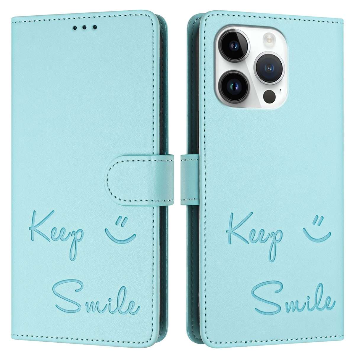 For iPhone 13 Pro Smile Embossing RFID Leather Phone Case(Mint Green)