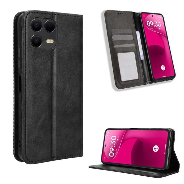 For T-Mobile Revvl 8 Pro 5G Magnetic Buckle Retro Texture Leather Phone Case(Black)