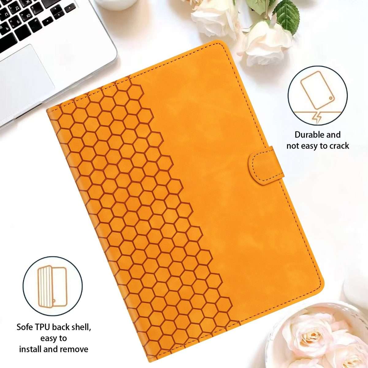 For Samsung Galaxy Tab S9 / S9 FE Honeycomb Embossed Leather Smart Tablet Case(Yellow)