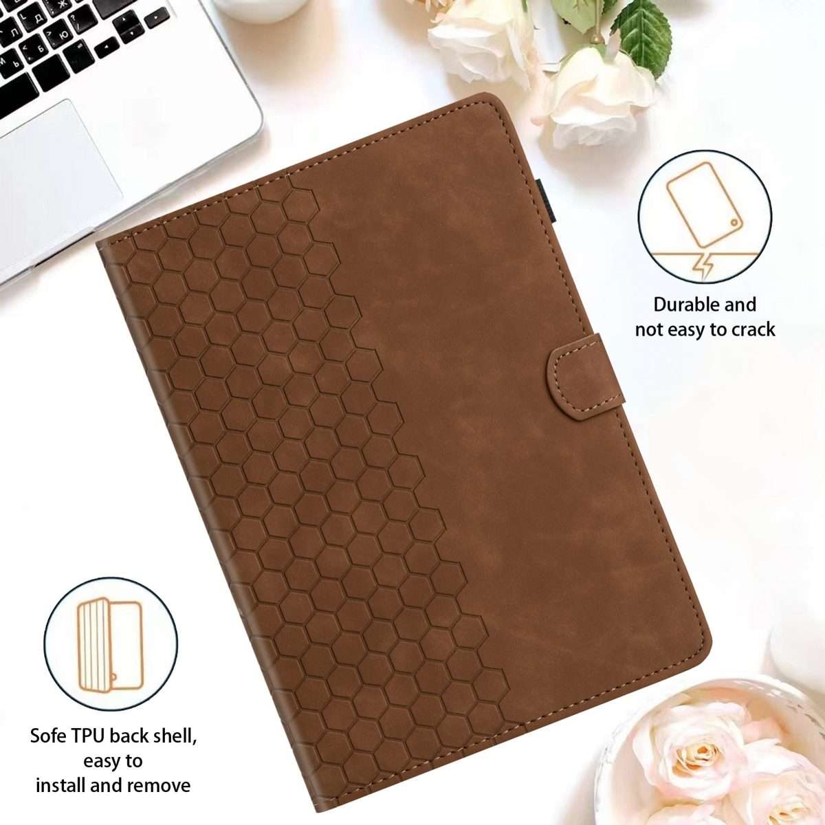 For Samsung Galaxy Tab S9 / S9 FE Honeycomb Embossed Leather Smart Tablet Case(Brown)