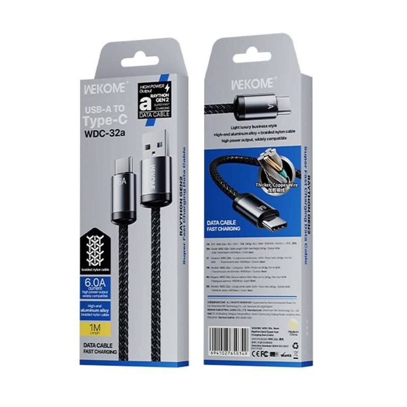 WK WDC-32a Raython Gen2 1m 6A USB to Type-C Fast Charging Data Cable(Black)