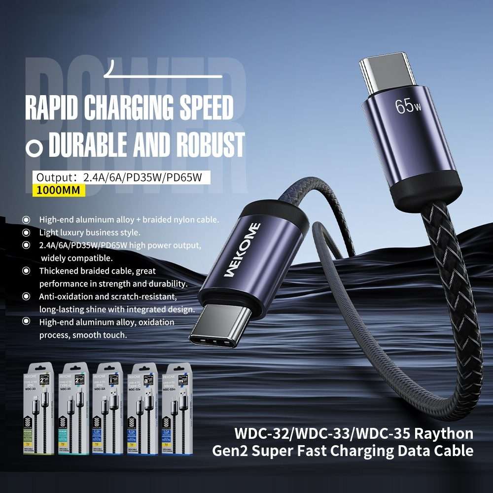 WK WDC-35 Raython Gen2 1m PD65W Type-C to Type-C Fast Charging Data Cable(Black)