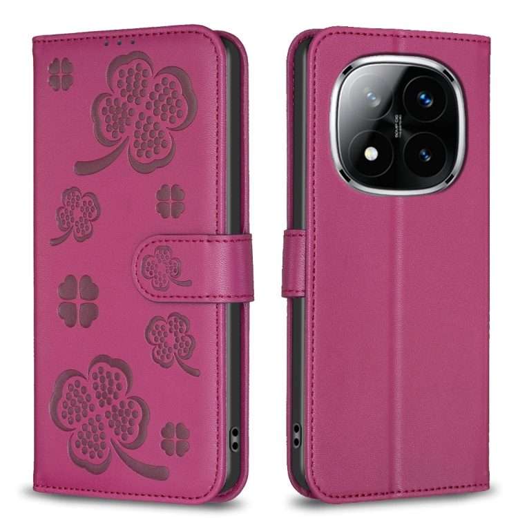 For Redmi Note 14 Pro 5G / Note 14 Pro+ 5G Four-leaf Embossed Leather Phone Case(Rose Red)