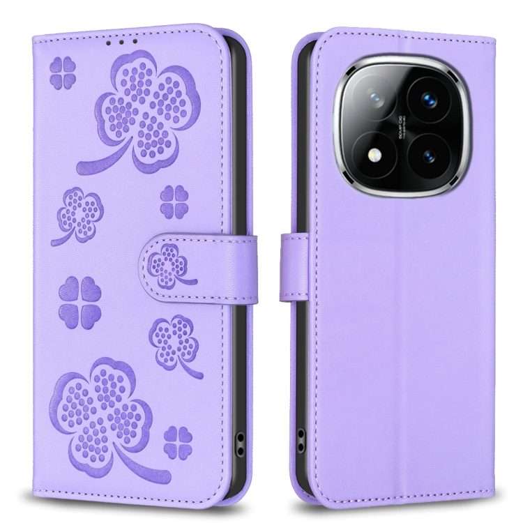 For Redmi Note 14 Pro 5G / Note 14 Pro+ 5G Four-leaf Embossed Leather Phone Case(Purple)