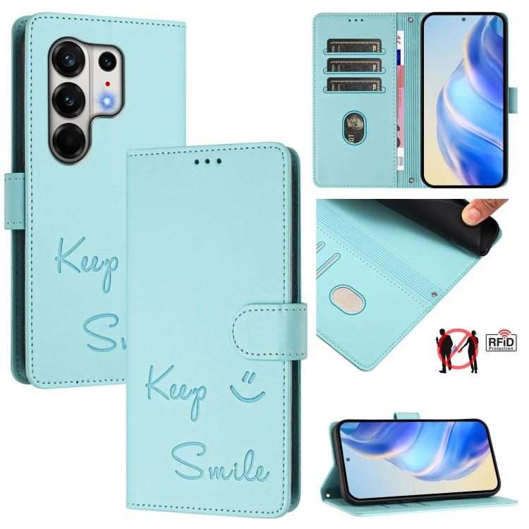 For Tecno Camon 50 Pro 4G Smile Embossing RFID Leather Phone Case(Mint Green)