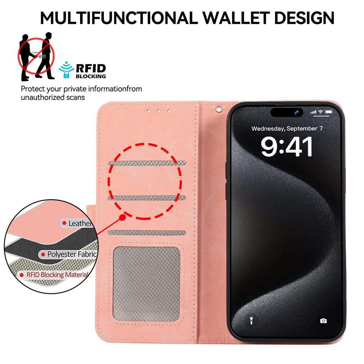 For Redmi K80 / K80 Pro ABEEL Color Block Magnetic RFID Leather Phone Case(Pink-Cyan)