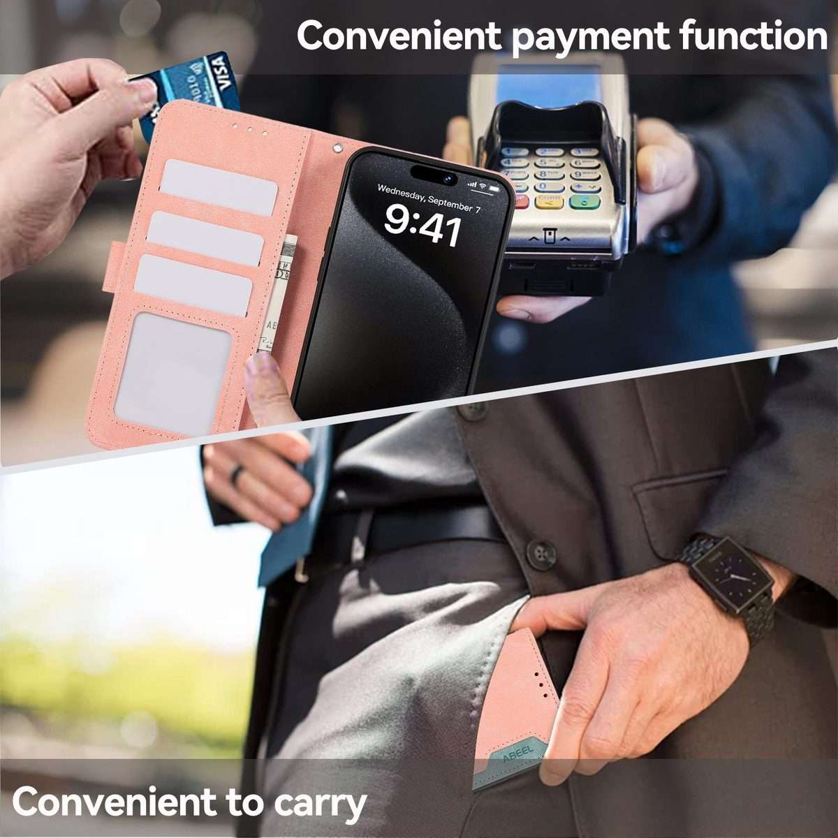 For Redmi K80 / K80 Pro ABEEL Color Block Magnetic RFID Leather Phone Case(Pink-Cyan)