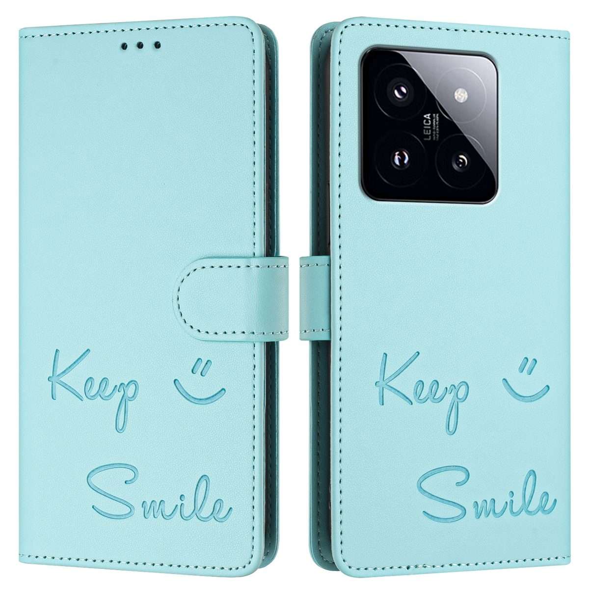 For Xiaomi 14 Pro Smile Embossing RFID Leather Phone Case(Mint Green)