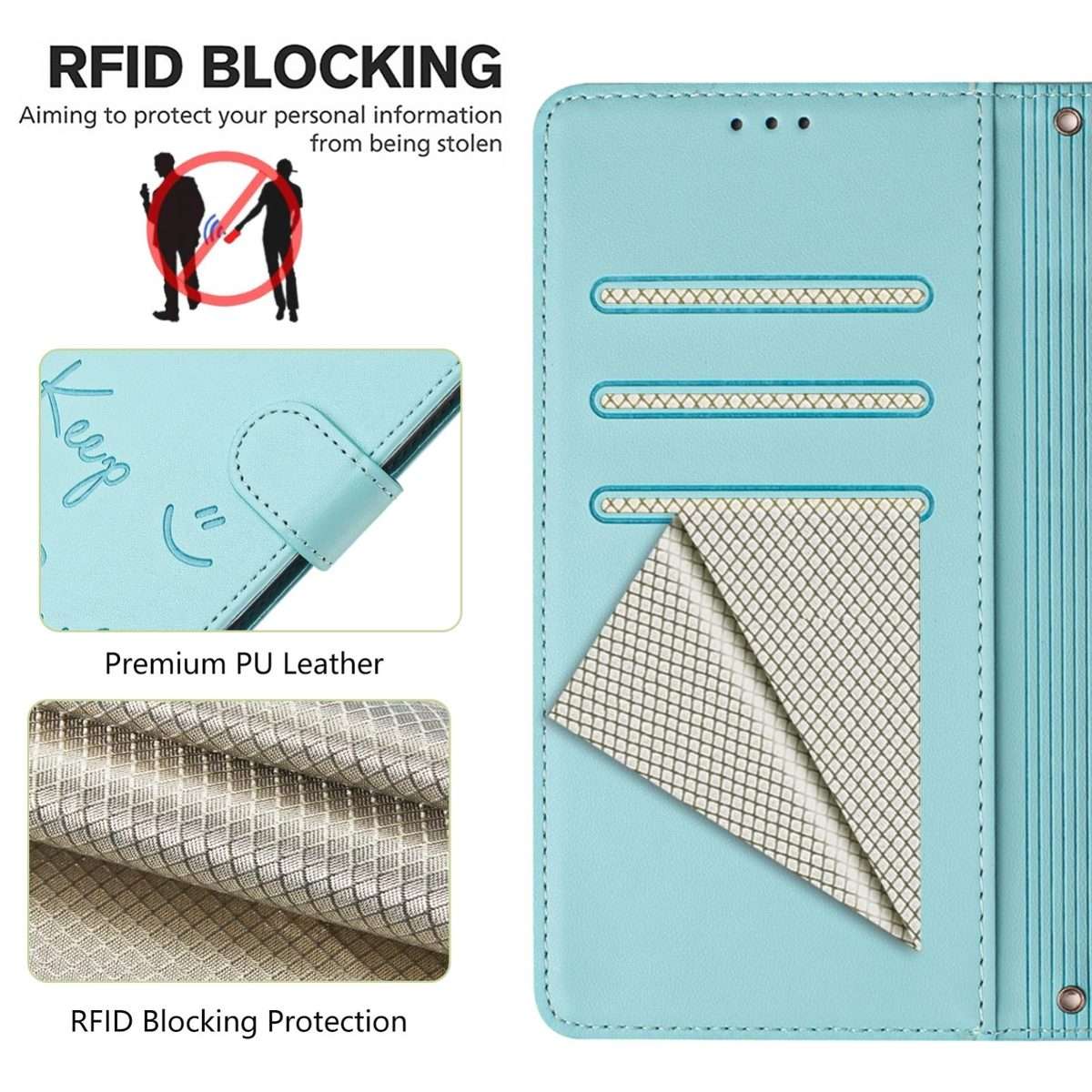 For Xiaomi 14 Pro Smile Embossing RFID Leather Phone Case(Mint Green)
