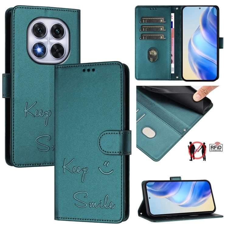For Redmi Note 14 Pro 5G / 14 Pro+ 5G Smile Embossing RFID Leather Phone Case(Peacock Green)