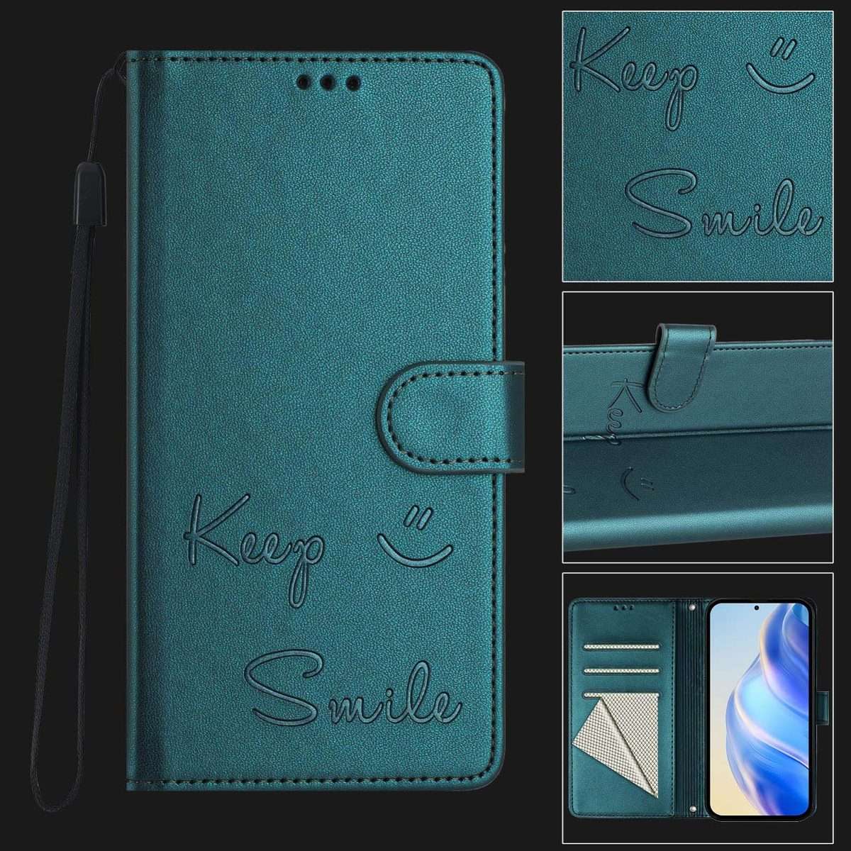For Redmi Note 14 Pro 5G / 14 Pro+ 5G Smile Embossing RFID Leather Phone Case(Peacock Green)