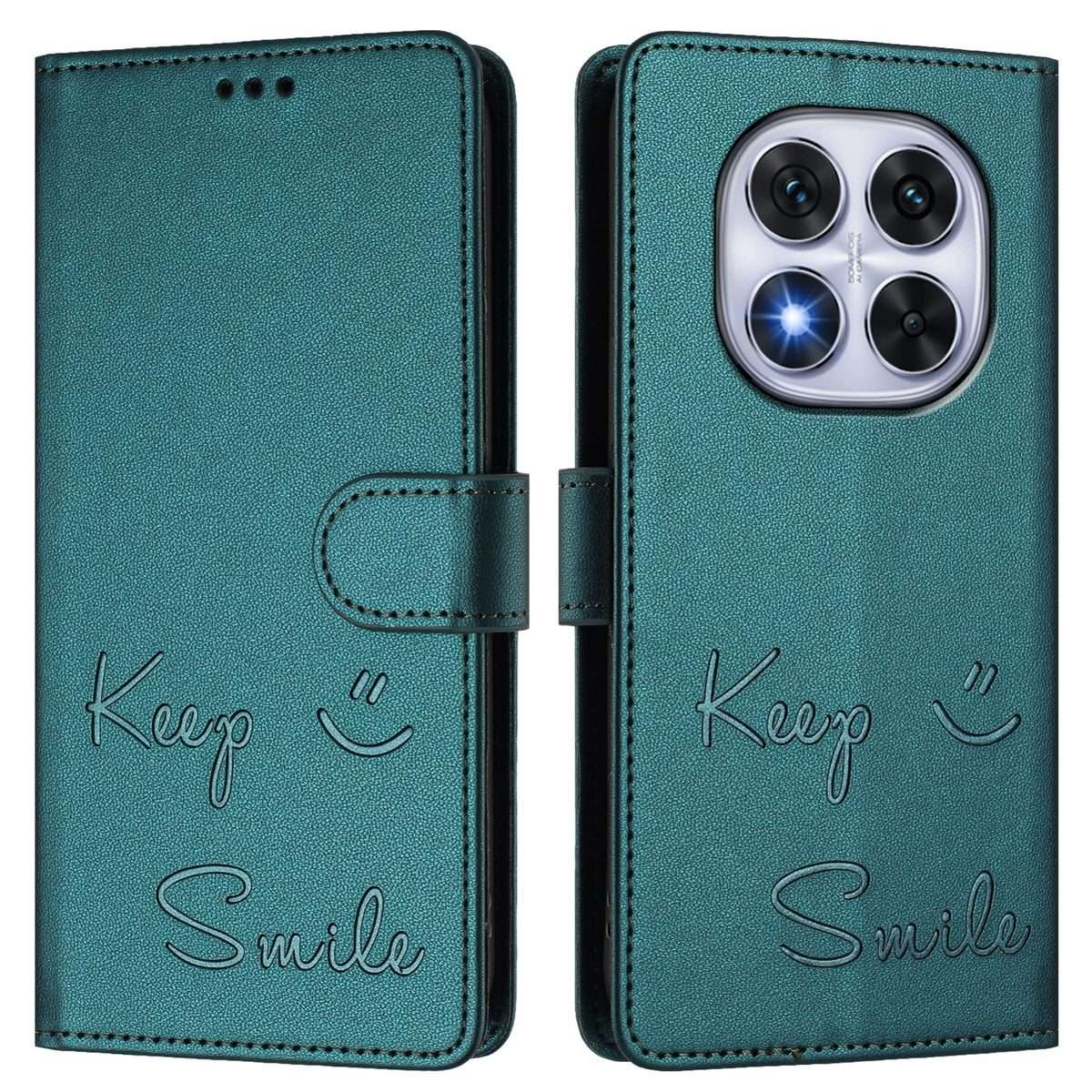 For Redmi Note 14 Pro 5G / 14 Pro+ 5G Smile Embossing RFID Leather Phone Case(Peacock Green)