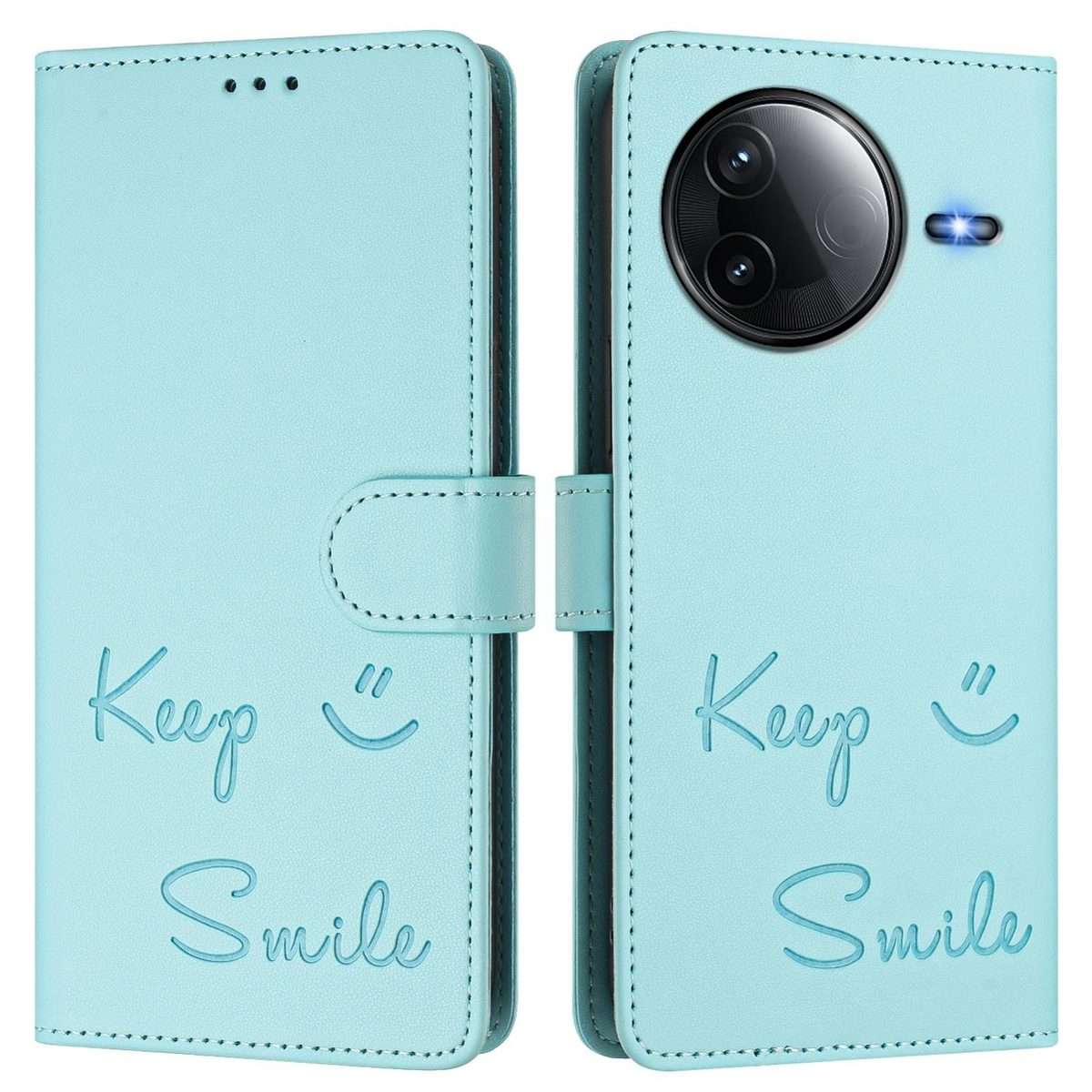 For Redmi K80 5G / K80 Pro 5G Smile Embossing RFID Leather Phone Case(Mint Green)