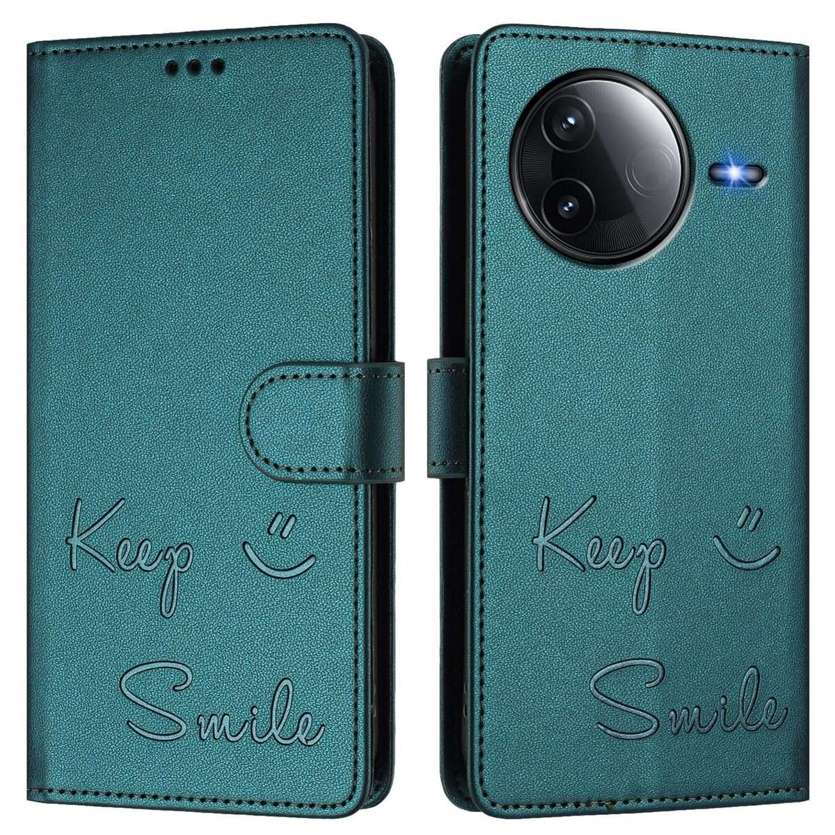 For Redmi K80 5G / K80 Pro 5G Smile Embossing RFID Leather Phone Case(Peacock Green)