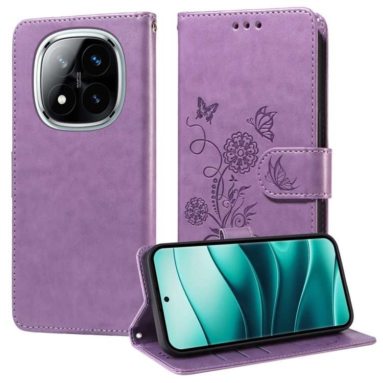 For Redmi Note 14 Pro 5G / Note 14 Pro+ 5G Embossed Butterfly Flowers Leather Phone Case(Purple)