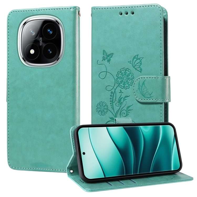 For Redmi Note 14 Pro 5G / Note 14 Pro+ 5G Embossed Butterfly Flowers Leather Phone Case(Green)