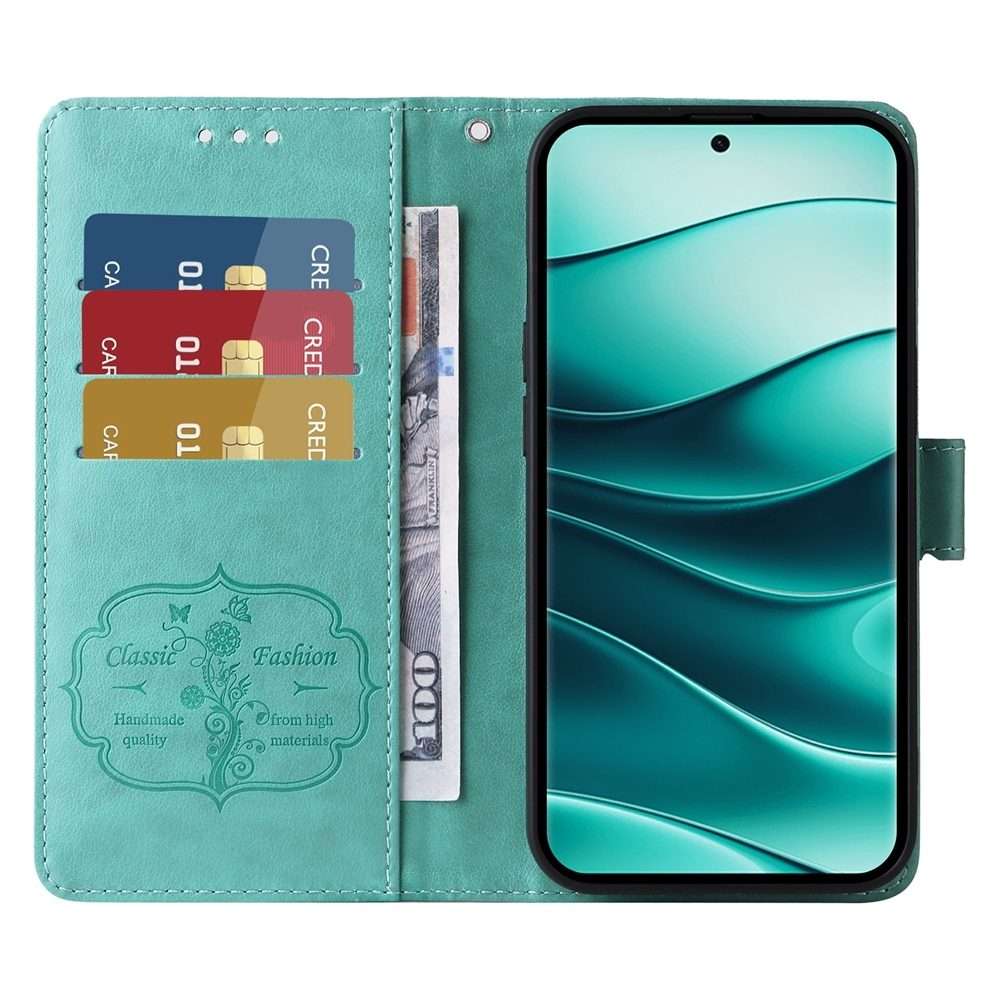 For Redmi Note 14 Pro 5G / Note 14 Pro+ 5G Embossed Butterfly Flowers Leather Phone Case(Green)
