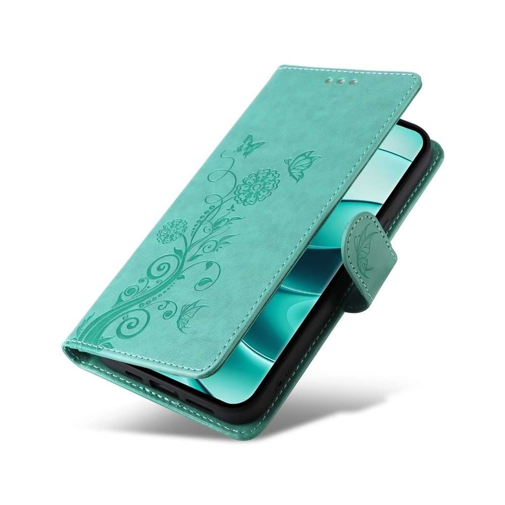 For Redmi Note 14 Pro 5G / Note 14 Pro+ 5G Embossed Butterfly Flowers Leather Phone Case(Green)