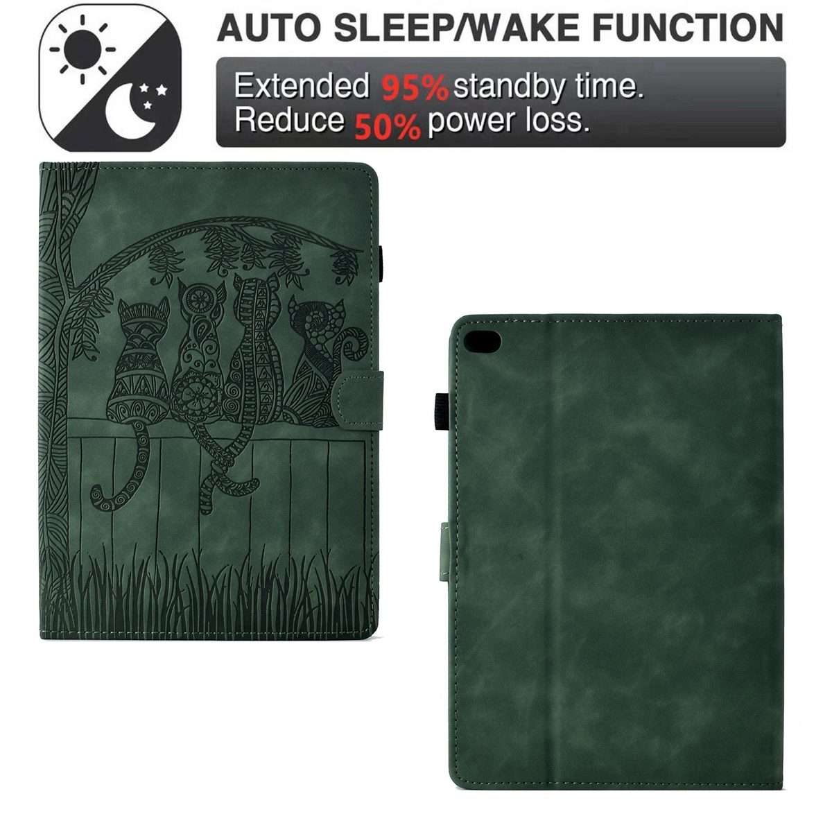 For iPad mini 5 / 4 / 3 / 2 / 1 Cats Embossed Leather Smart Tablet Case(Green)