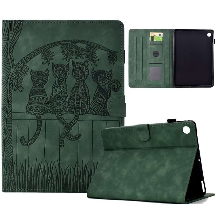 For Samsung Galaxy Tab A11 / A9 Cats Embossed Leather Tablet Case(Green)