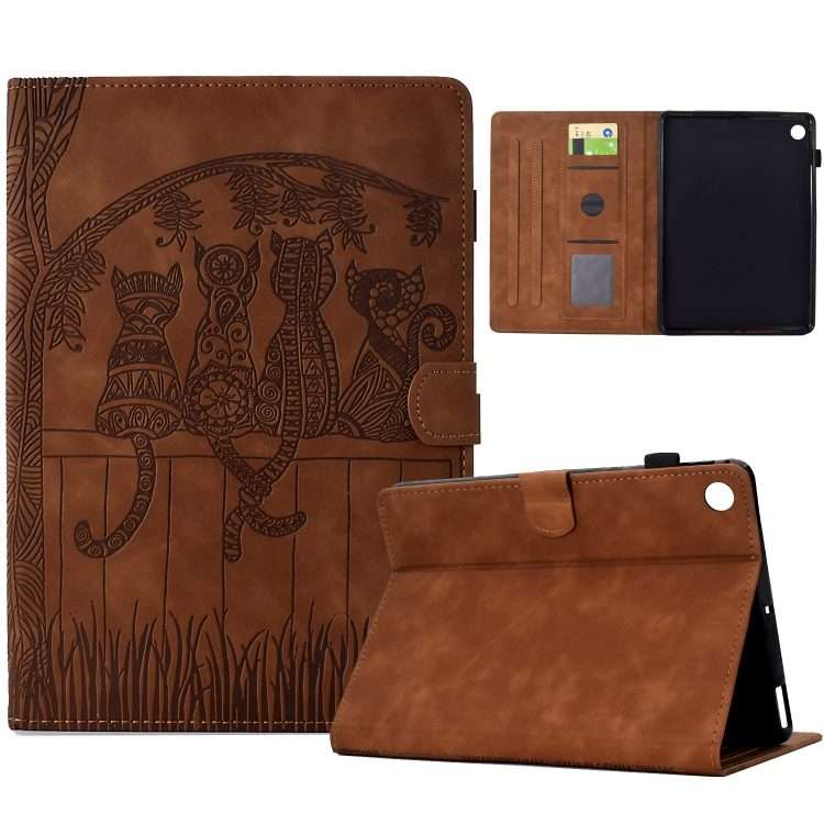 For Samsung Galaxy Tab A11 / A9 Cats Embossed Leather Tablet Case(Brown)