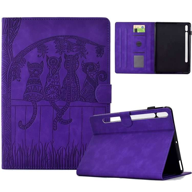 For Samsung Galaxy Tab S9 / S9 FE Cats Embossed Leather Smart Tablet Case(Purple)