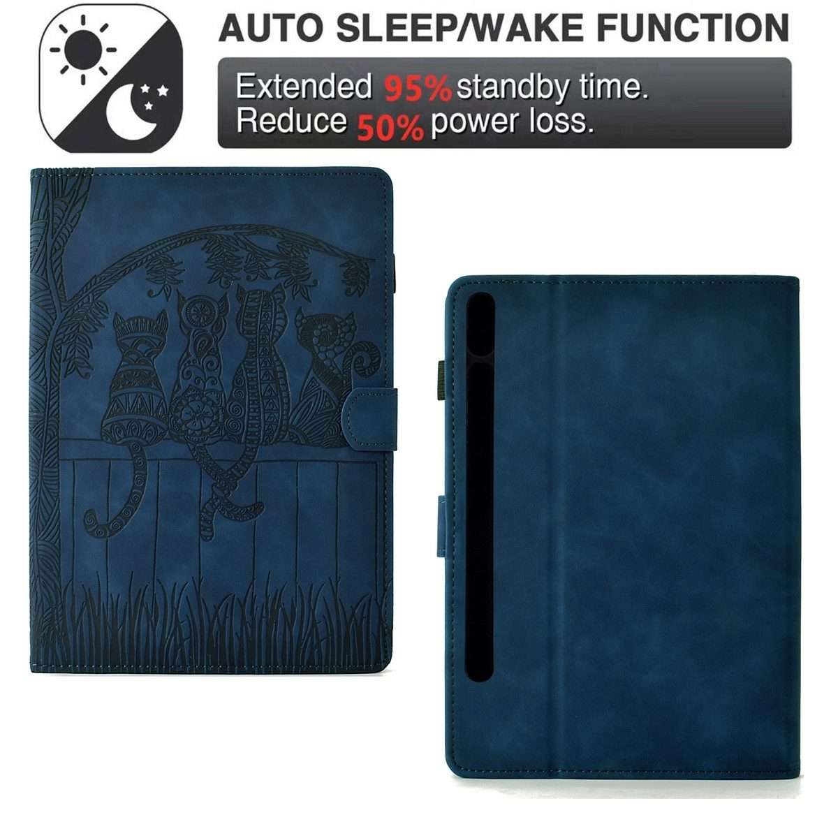 For Samsung Galaxy Tab S8 / S7 Cats Embossed Leather Smart Tablet Case(Dark Blue)