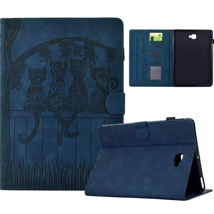 For Samsung Galaxy Tab A 10.1 2016 T580 Cats Embossed Leather Smart Tablet Case(Dark Blue)