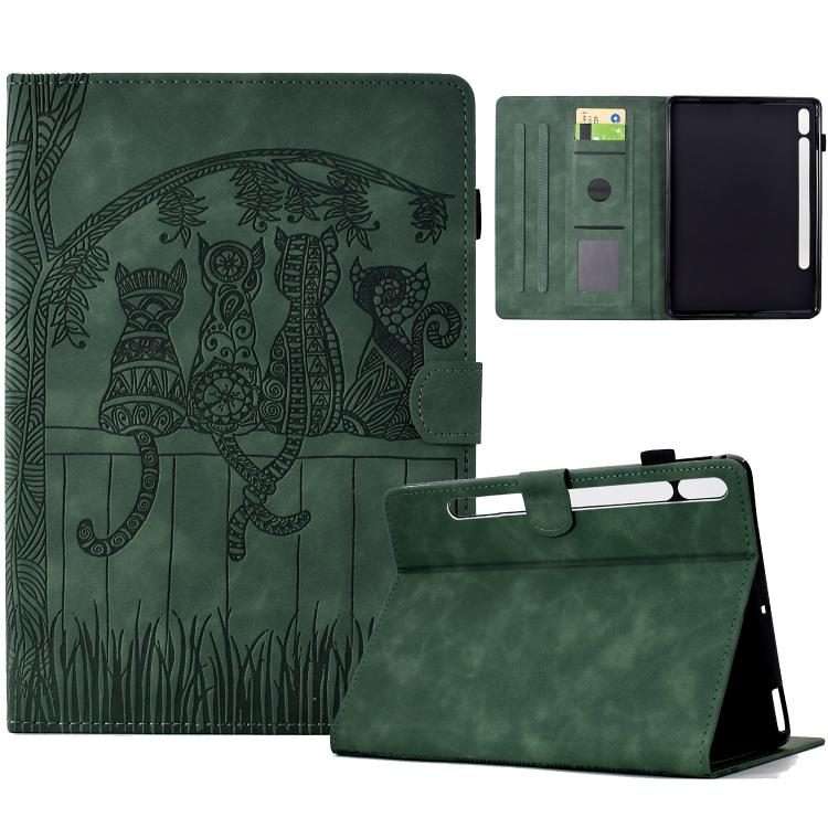 For Samsung Galaxy Tab S10 FE+ Cats Embossed Leather Smart Tablet Case(Green)