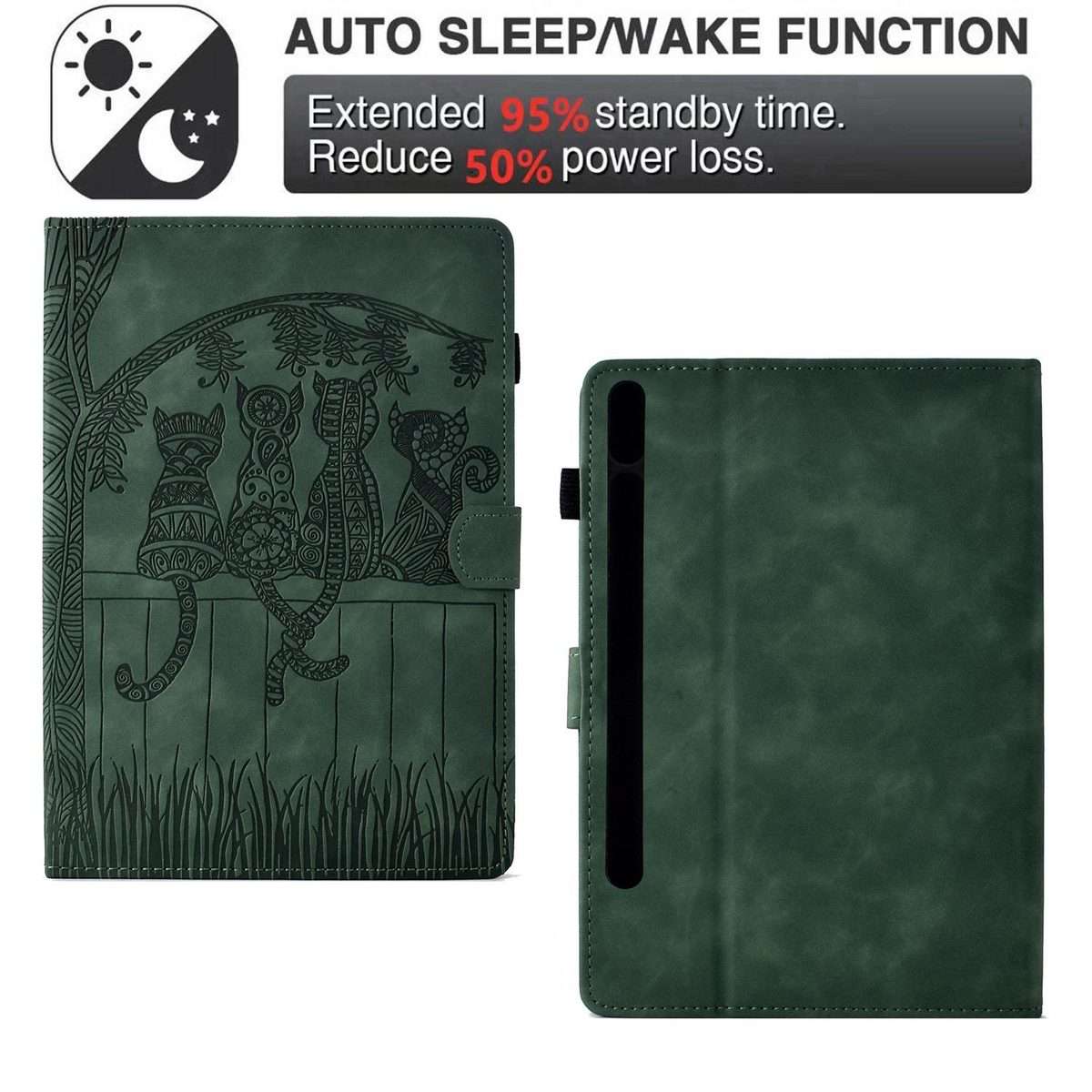 For Samsung Galaxy Tab S10 FE+ Cats Embossed Leather Smart Tablet Case(Green)