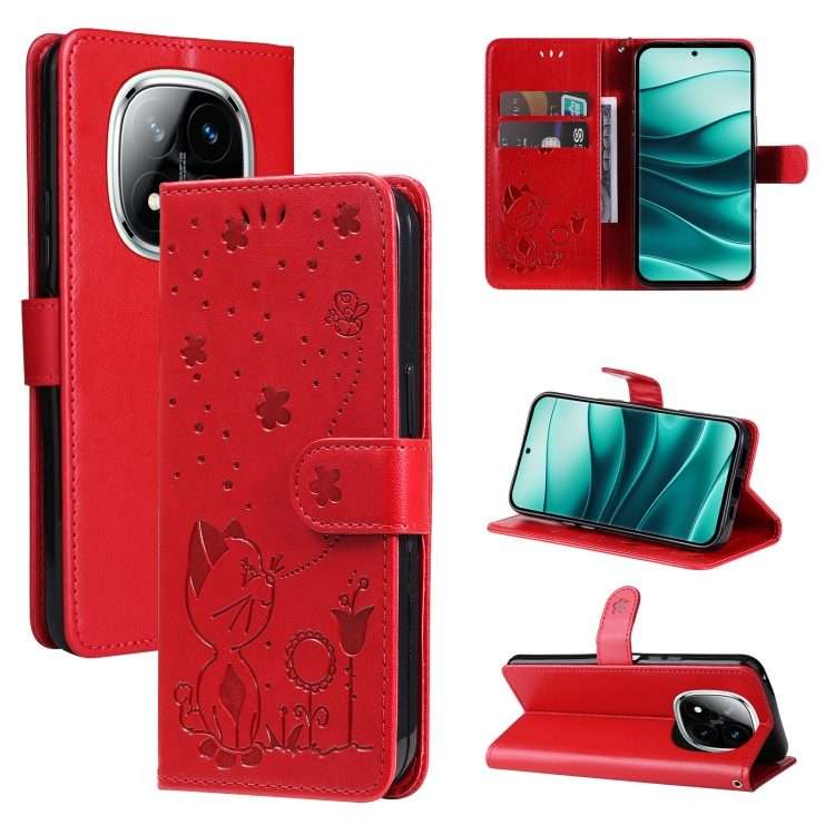 For Redmi Note 14 Pro / 14 Pro+ 5G Cat and Bee Embossed Flip Leather Phone Case(Red)