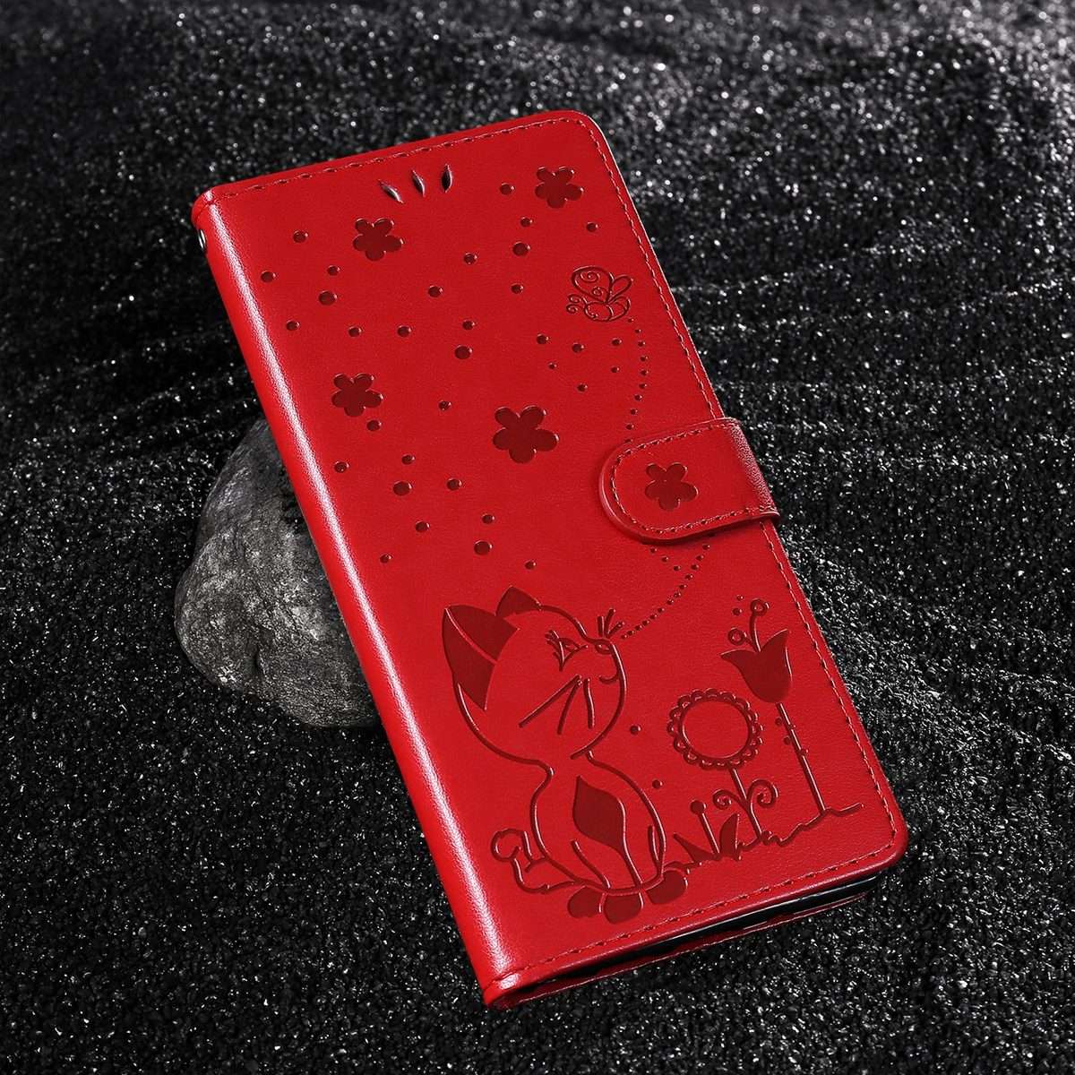 For Redmi Note 14 Pro / 14 Pro+ 5G Cat and Bee Embossed Flip Leather Phone Case(Red)