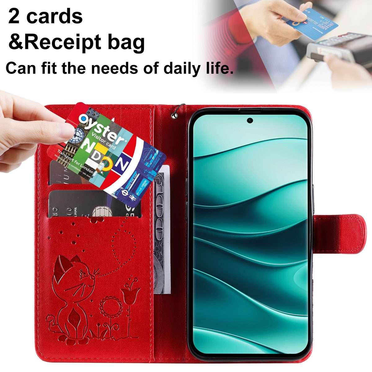 For Redmi Note 14 Pro / 14 Pro+ 5G Cat and Bee Embossed Flip Leather Phone Case(Red)