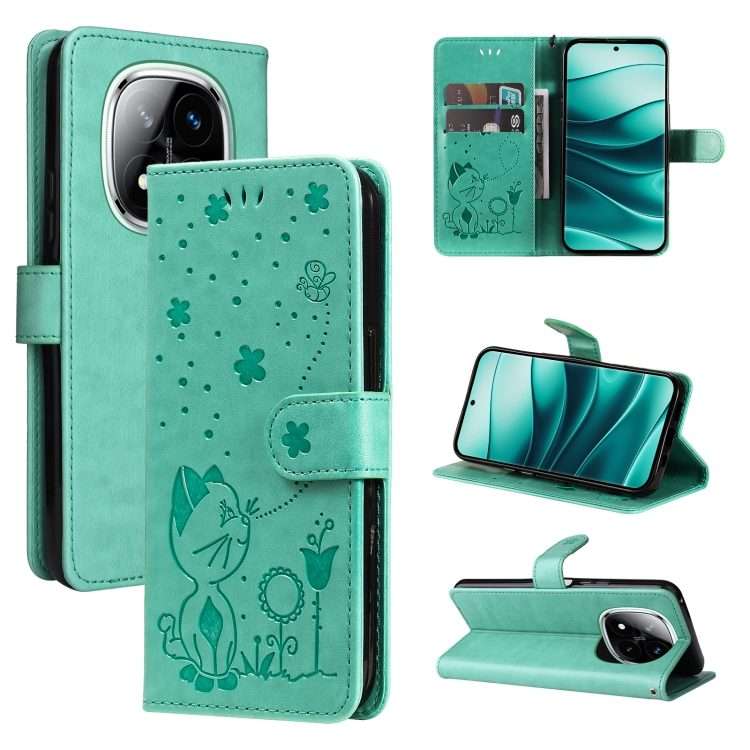 For Redmi Note 14 Pro / 14 Pro+ 5G Cat and Bee Embossed Flip Leather Phone Case(Green)