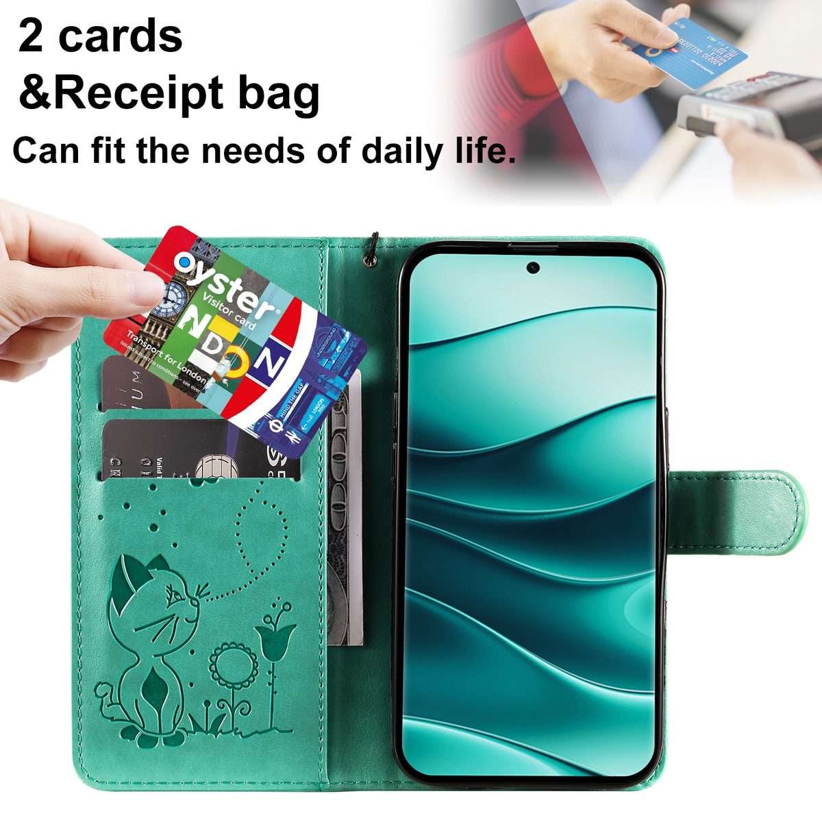 For Redmi Note 14 Pro / 14 Pro+ 5G Cat and Bee Embossed Flip Leather Phone Case(Green)