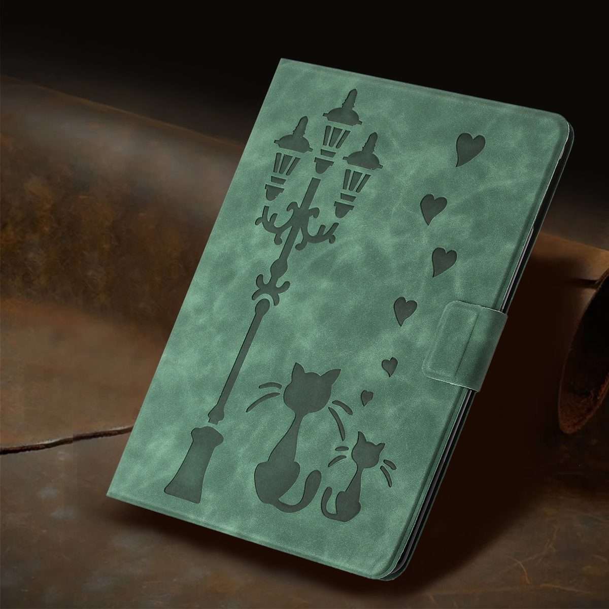 For iPad Air 10.9 2022 / 2020 Embossed Couple Cat Smart Tablet Leather Case(Green)